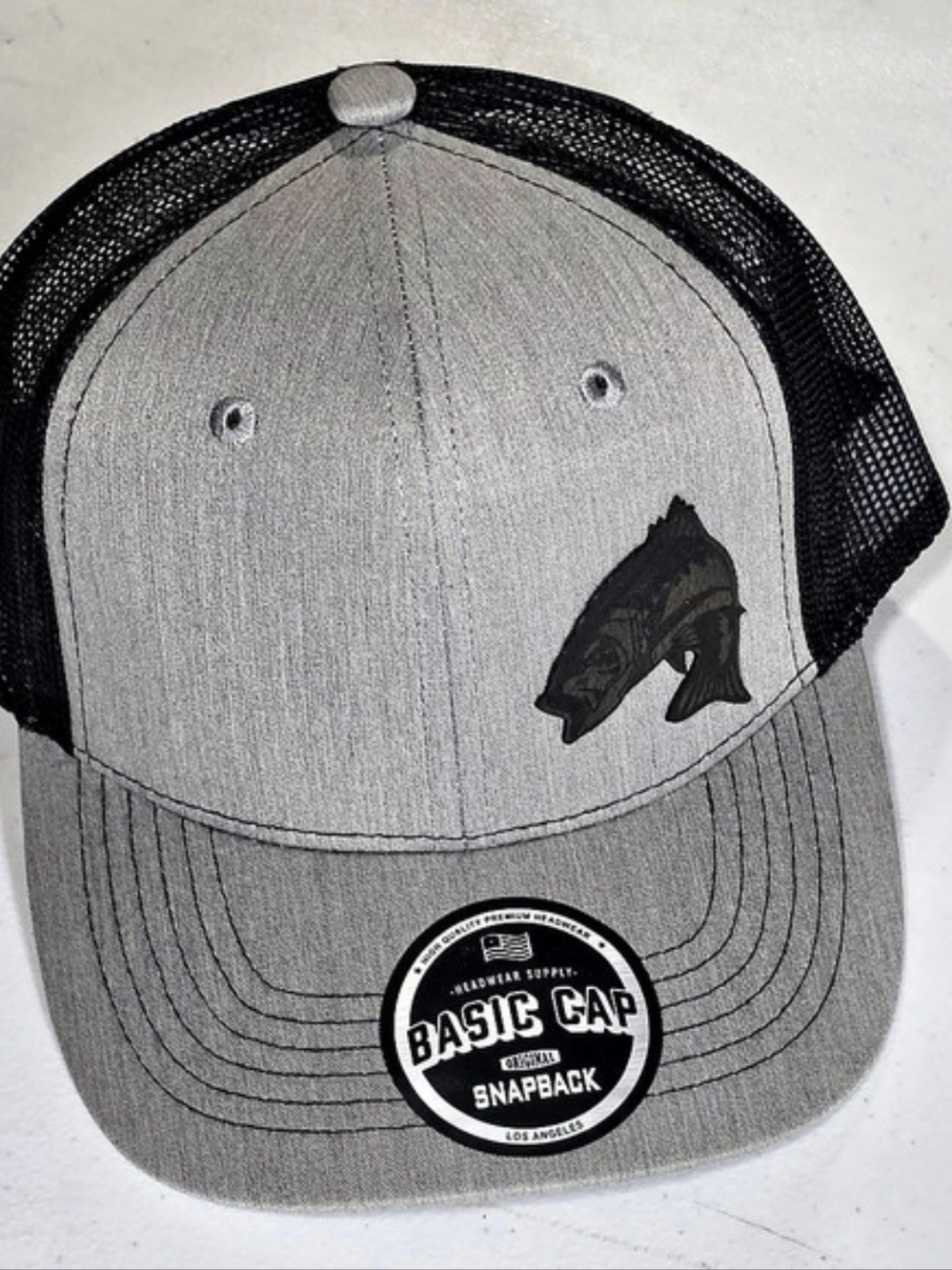 Youth Custom Basic Cap Fish Graphic Trucker Hat in Gray & Black NWT
